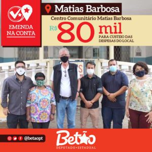 Recurso destinando por Betão ao Centro Comunitário Matias Barbosa vai ajudar o local com o custeio das despesas por, pelo menos, um ano